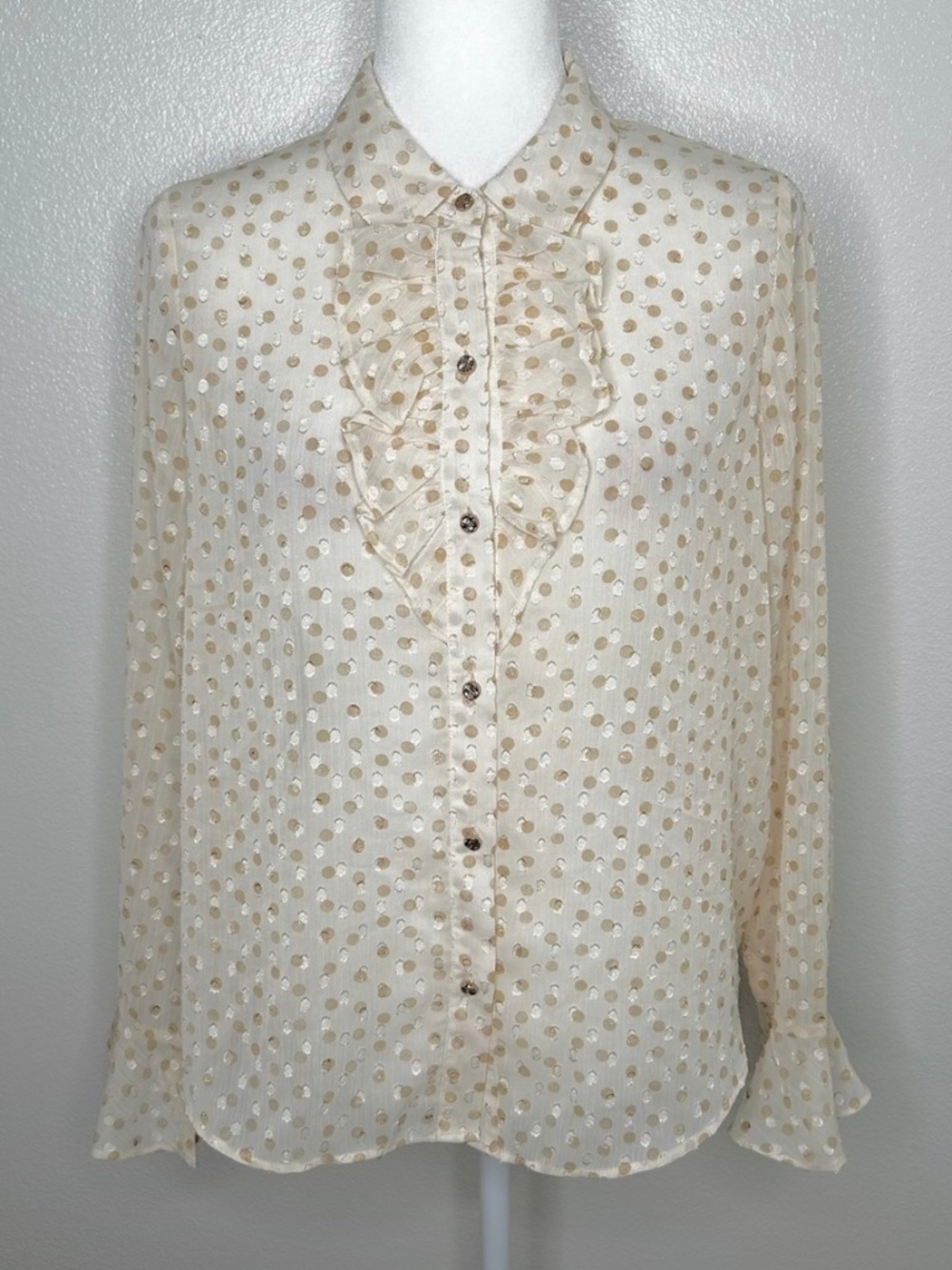 Rachel Zoe Womens Cream Sheer Polka Dot Ruffle Button-Up Top Blouse Size M EUC